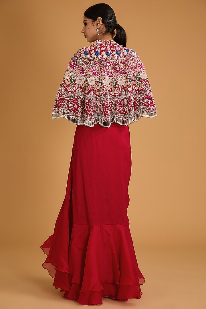 Red Silk Thread Work Cape Set by Minaxi Dadoo at Pernia's Pop Up Shop