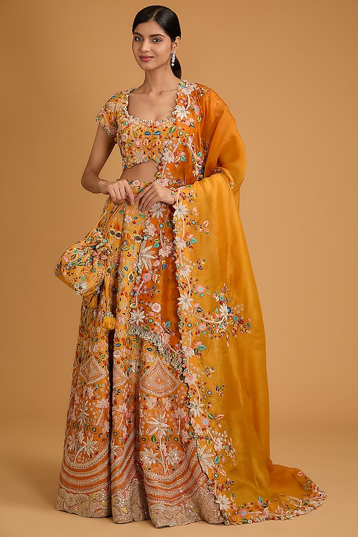 Kesar Yellow Silk Thread & Sequins Work Lehenga Set by Minaxi Dadoo