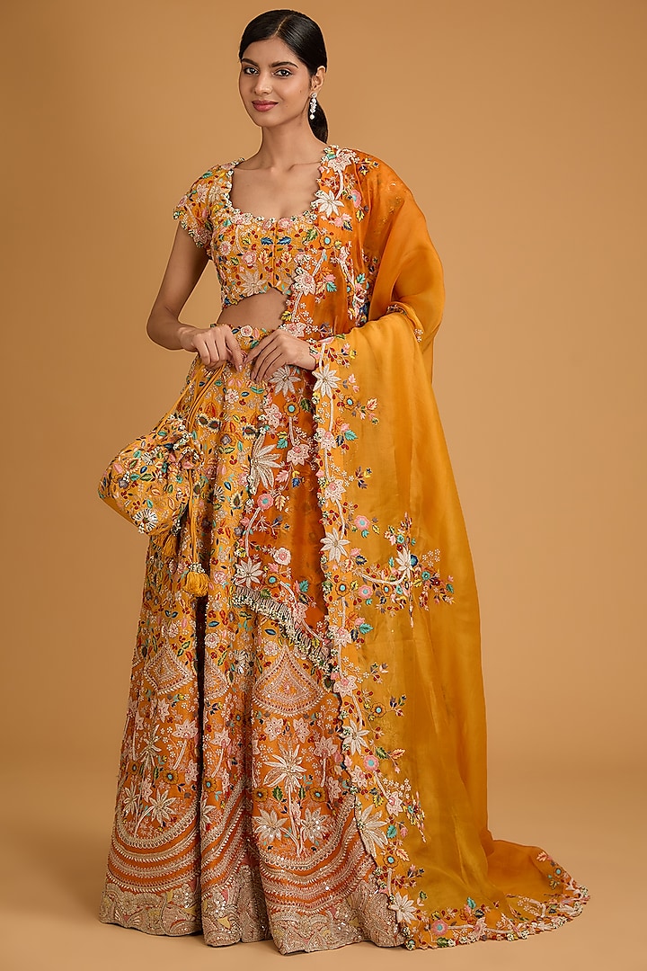 Kesar Yellow Silk Thread & Sequins Work Bridal Lehenga Set by Minaxi Dadoo at Pernia's Pop Up Shop
