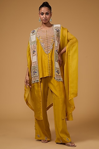 Yellow Organza Zari Embroidered Cape Set by Minaxi Dadoo