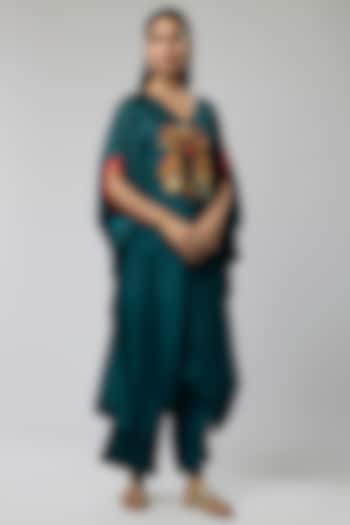 Peacock Blue Silk Embroidered Kaftan Set by Minaxi Dadoo at Pernia's Pop Up Shop