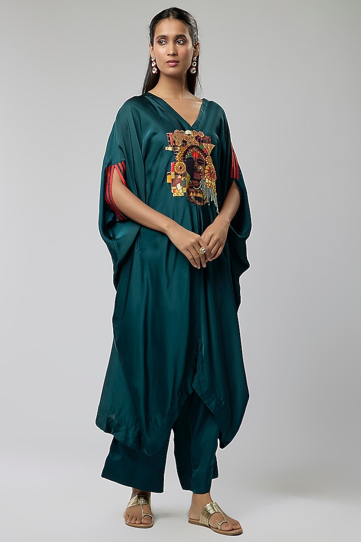 Peacock Blue Silk Embroidered Kaftan Set by Minaxi Dadoo at Pernia's Pop Up Shop