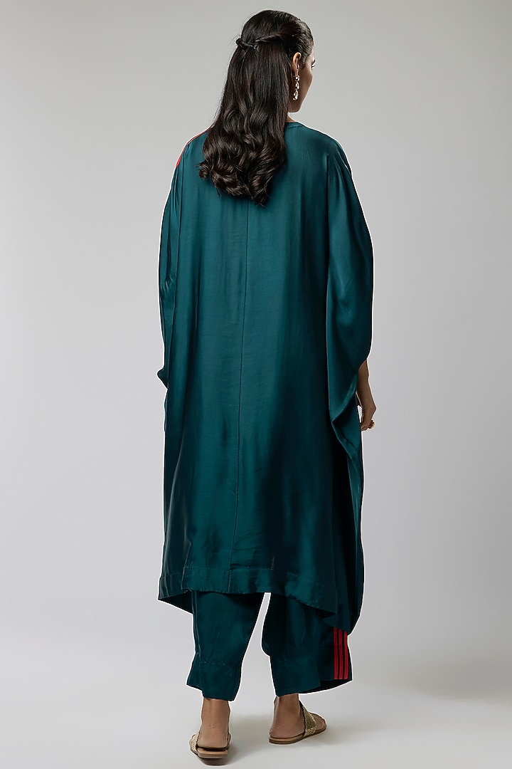 Peacock Blue Silk Embroidered Kaftan Set by Minaxi Dadoo at Pernia's Pop Up Shop