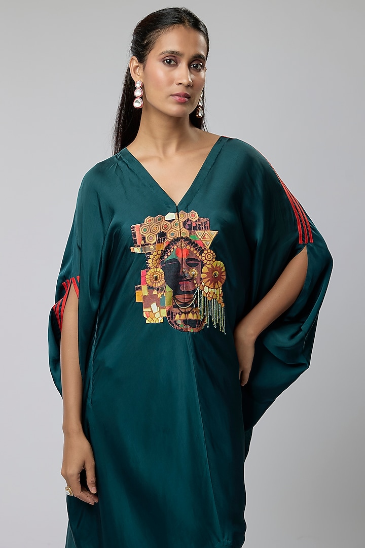 Peacock Blue Silk Embroidered Kaftan Set by Minaxi Dadoo at Pernia's Pop Up Shop