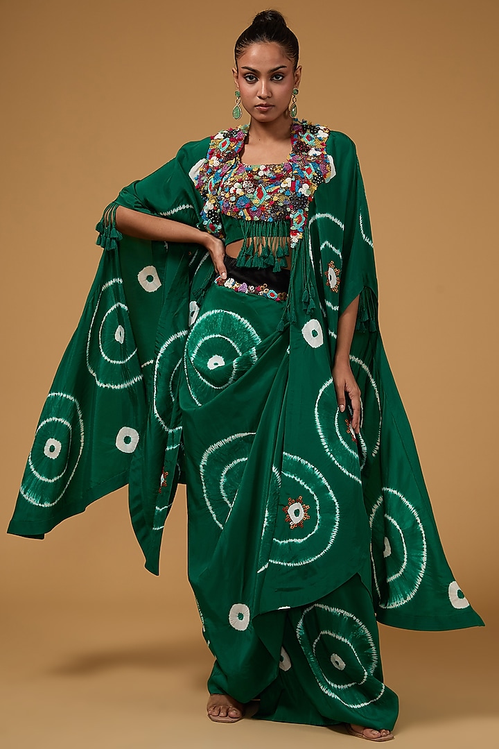 Green Silk Tie & Dye Butterfly Cape Set by Minaxi Dadoo at Pernia's Pop Up Shop