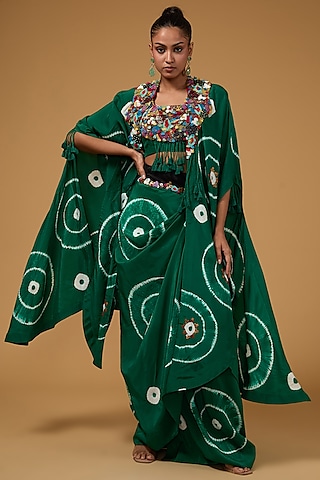 Green Silk Tie & Dye Butterfly Cape Set by Minaxi Dadoo
