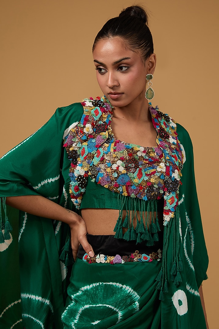 Green Silk Tie & Dye Butterfly Cape Set by Minaxi Dadoo at Pernia's Pop Up Shop