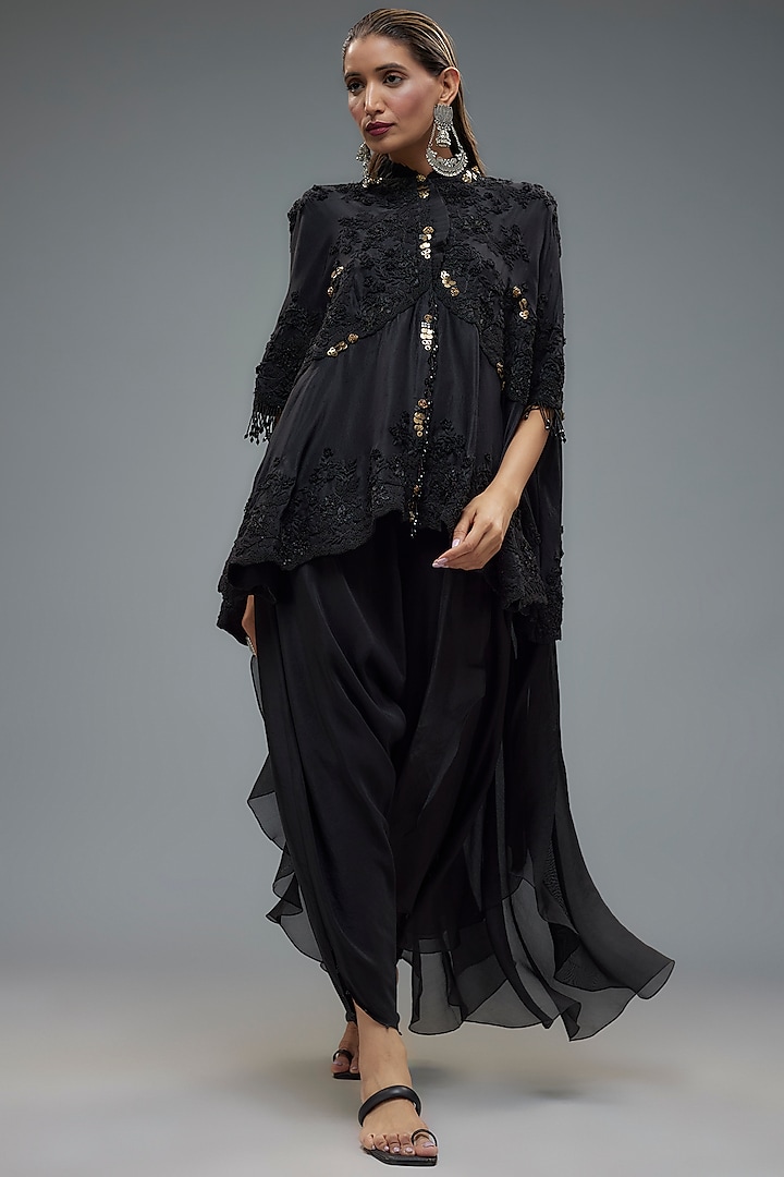 Black Dupion Thread & Mirror Embroidered Cape Set by Minaxi Dadoo at Pernia's Pop Up Shop