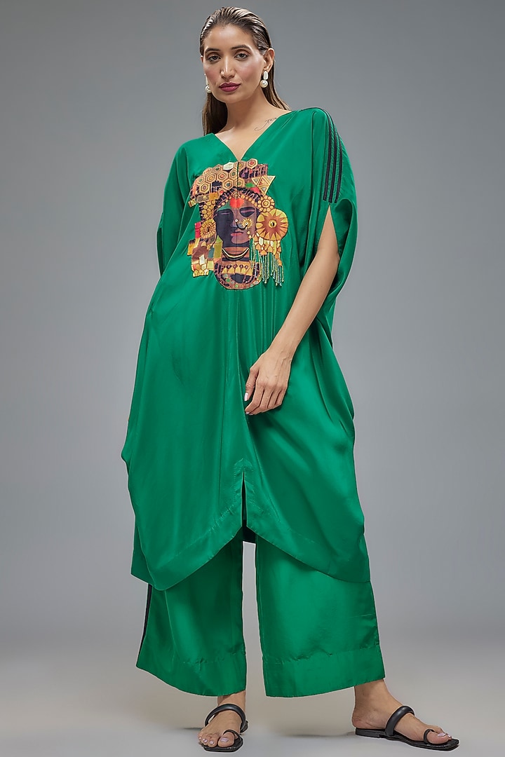 Green Satin Embroidered Kaftan Set by Minaxi Dadoo at Pernia's Pop Up Shop