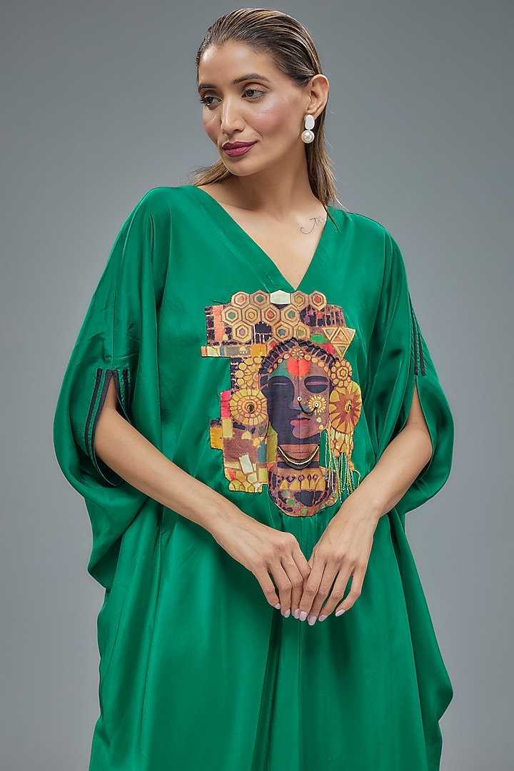 Green Satin Embroidered Kaftan Set by Minaxi Dadoo at Pernia's Pop Up Shop