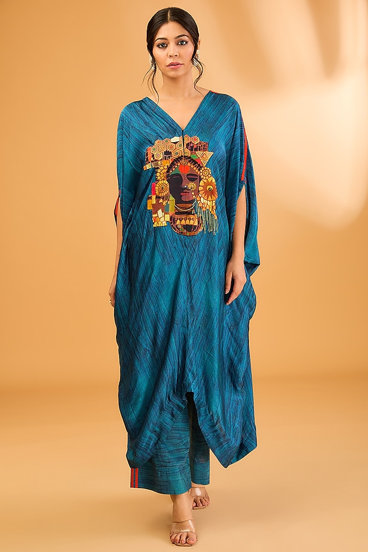 Blue Silk Printed Kaftan Set by Minaxi Dadoo at Pernia's Pop Up Shop