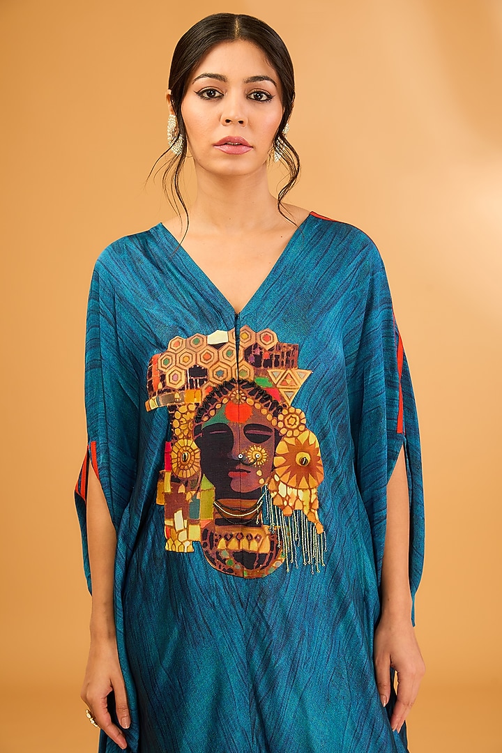 Blue Silk Printed Kaftan Set by Minaxi Dadoo at Pernia's Pop Up Shop