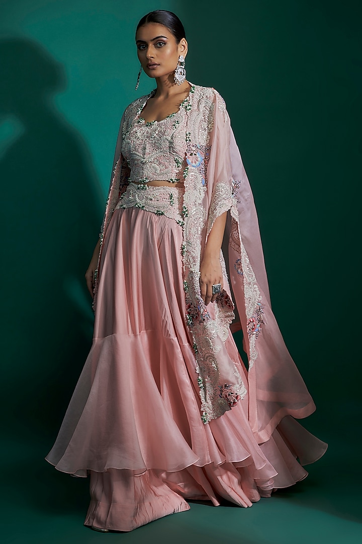 Fresh Pink Silk & Organza Dori Embroidered Tiered skirt Set by Minaxi Dadoo