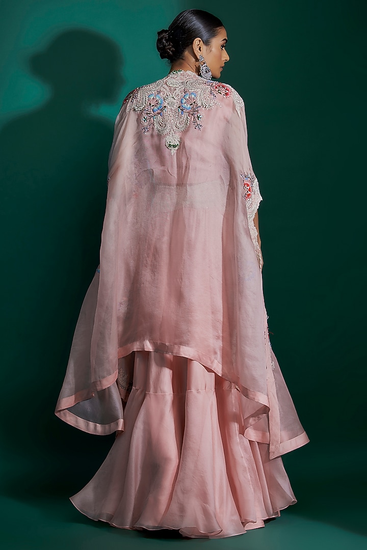 Fresh Pink Silk & Organza Dori Embroidered Tiered skirt Set by Minaxi Dadoo at Pernia's Pop Up Shop