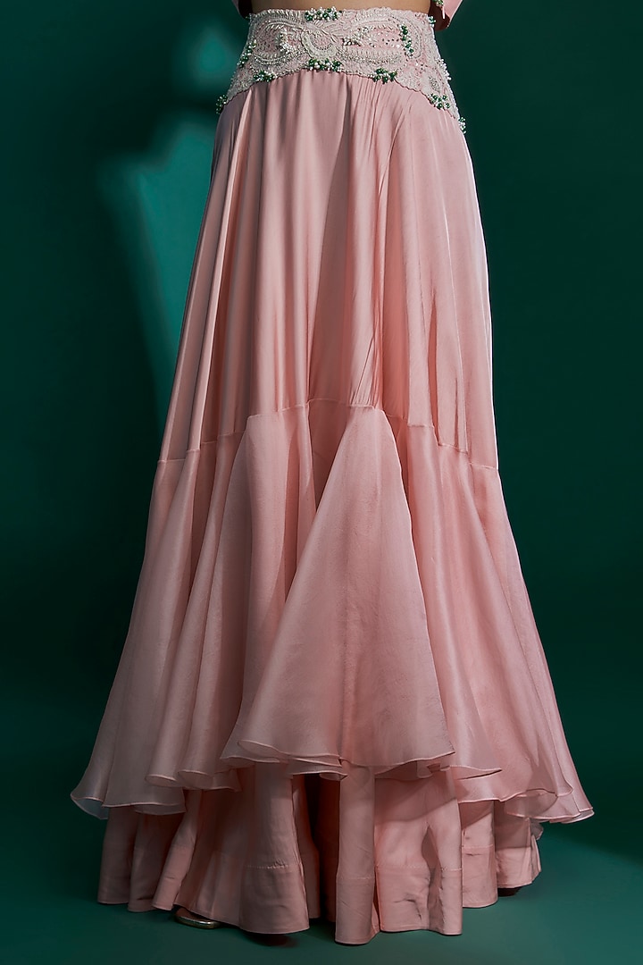 Fresh Pink Silk & Organza Dori Embroidered Tiered skirt Set by Minaxi Dadoo at Pernia's Pop Up Shop