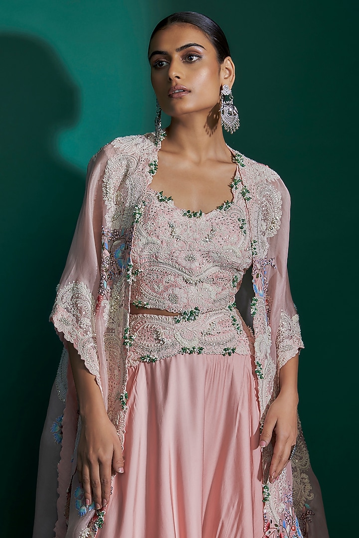 Fresh Pink Silk & Organza Dori Embroidered Tiered skirt Set by Minaxi Dadoo at Pernia's Pop Up Shop