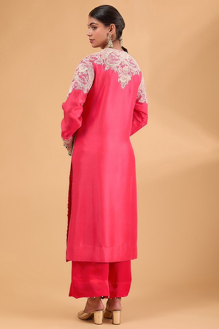 Tomato Pink Dupion Silver Work Long Kurta Set by Minaxi Dadoo at Pernia's Pop Up Shop