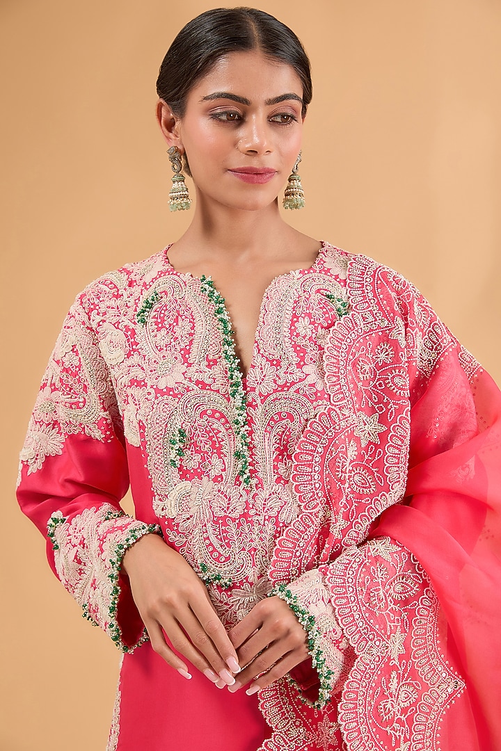 Tomato Pink Dupion Silver Work Long Kurta Set by Minaxi Dadoo at Pernia's Pop Up Shop