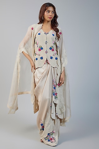 Beige Organza Pearl Embroidered Butterfly Cape Set by Minaxi Dadoo