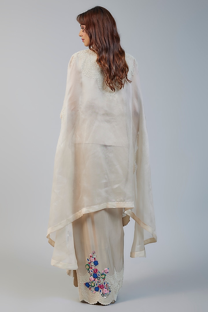 Beige Organza Pearl Embroidered Butterfly Cape Set by Minaxi Dadoo at Pernia's Pop Up Shop