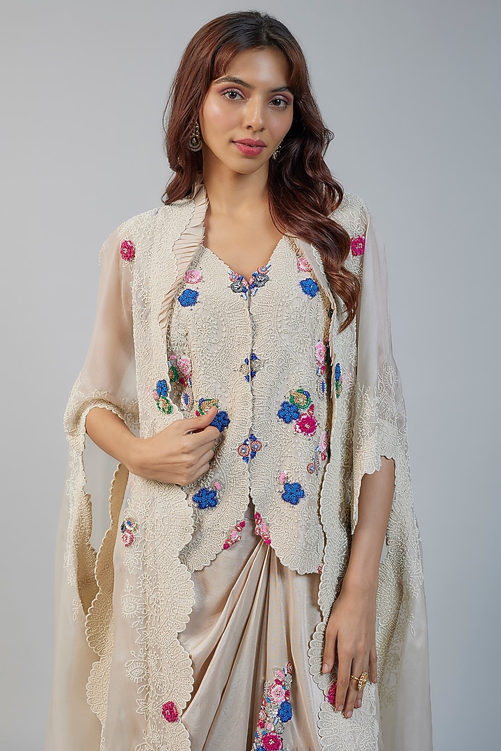 Beige Organza Pearl Embroidered Butterfly Cape Set by Minaxi Dadoo at Pernia's Pop Up Shop