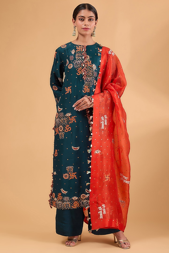 Peacock Blue China Dupion Silk Thread Work Long Kurta Set by Minaxi Dadoo