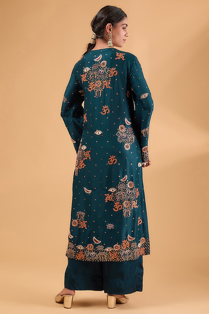 Peacock Blue China Dupion Silk Thread Work Long Kurta Set by Minaxi Dadoo at Pernia's Pop Up Shop