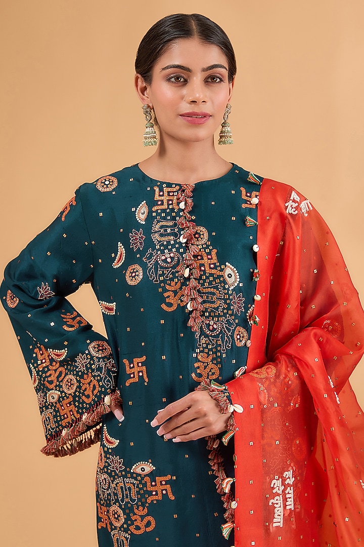 Peacock Blue China Dupion Silk Thread Work Long Kurta Set by Minaxi Dadoo at Pernia's Pop Up Shop