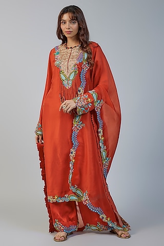 Rust Orange Silk Thread Embroidered Kurta Set by Minaxi Dadoo