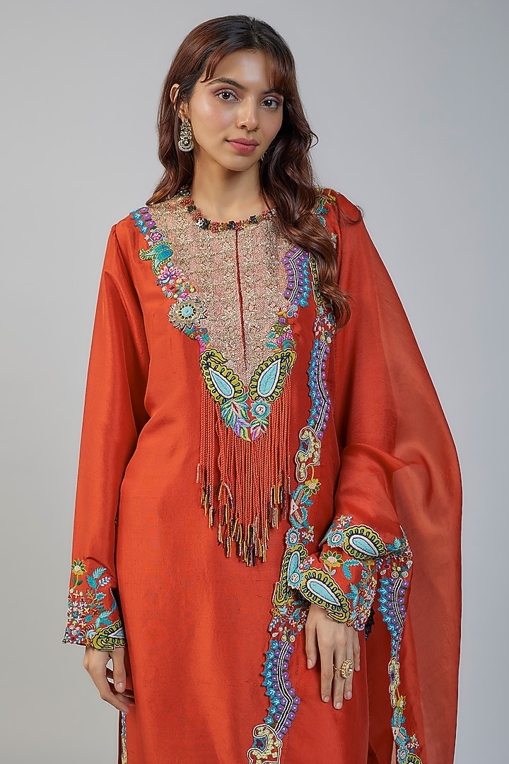 Rust Orange Silk Thread Embroidered Kurta Set by Minaxi Dadoo at Pernia's Pop Up Shop
