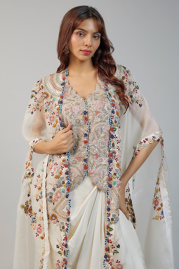 Beige Organza Pearl Embroidered Butterfly Cape Set by Minaxi Dadoo at Pernia's Pop Up Shop
