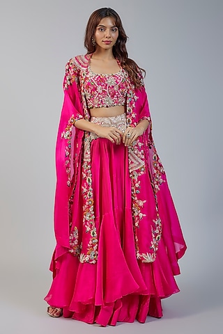 Rani Pink Organza Sequins Embroidered Butterfly Cape Set by Minaxi Dadoo