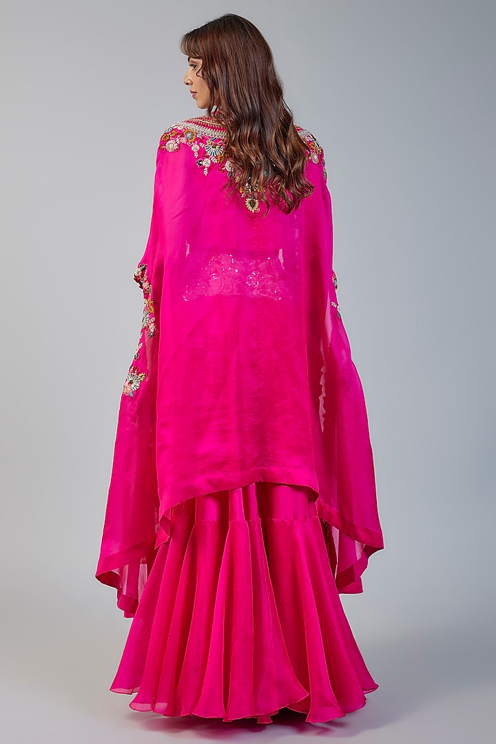 Rani Pink Organza Sequins Embroidered Butterfly Cape Set by Minaxi Dadoo at Pernia's Pop Up Shop