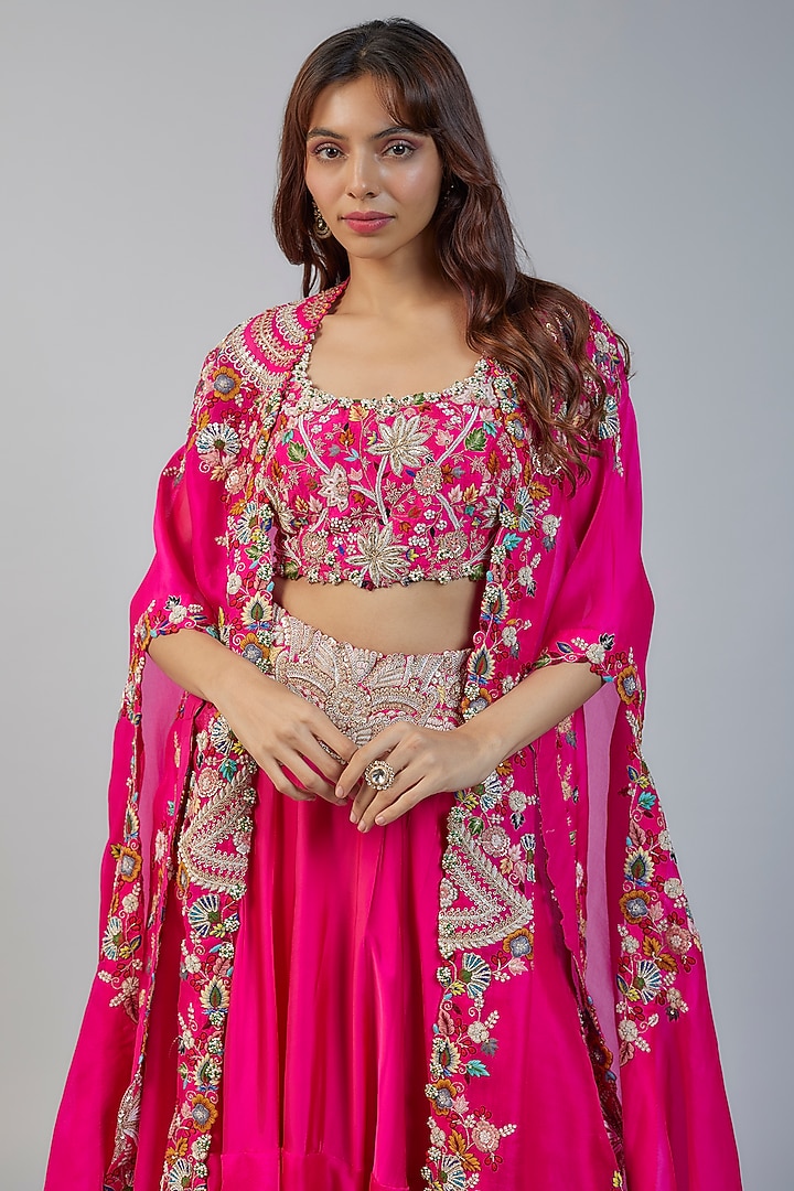 Rani Pink Organza Sequins Embroidered Butterfly Cape Set by Minaxi Dadoo at Pernia's Pop Up Shop