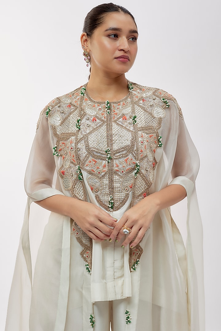 Ivory Silk Sequins Work Short Kurta Set by Minaxi Dadoo at Pernia's Pop Up Shop