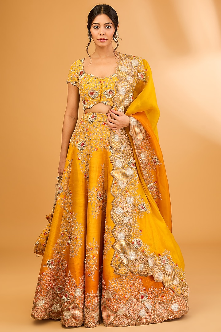 Yellow Silk Thread Embroidered Bridal Lehenga Set by Minaxi Dadoo at Pernia's Pop Up Shop