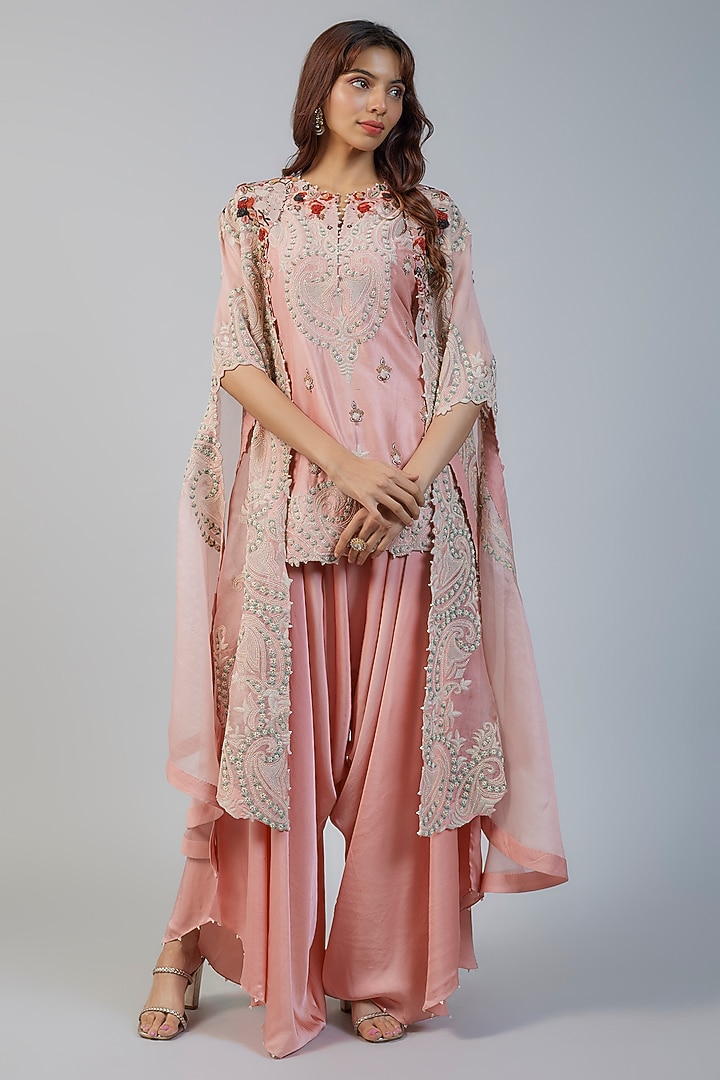 Pink Organza Thread Embroidered Cape Set by Minaxi Dadoo at Pernia's Pop Up Shop