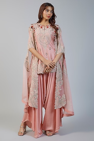 Pink Organza Thread Embroidered Cape Set by Minaxi Dadoo