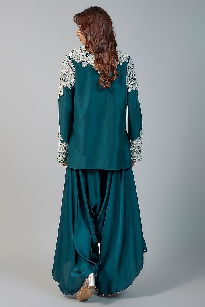 Peacock Blue Dupion Dori Embroidered Short Kurta Set by Minaxi Dadoo at Pernia's Pop Up Shop