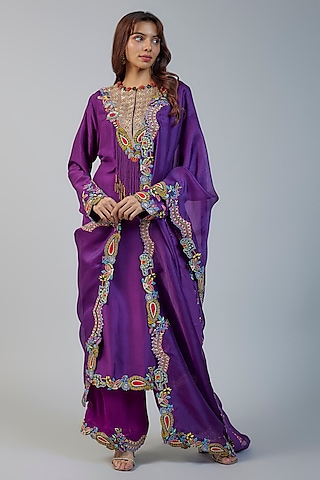 Purple Dupion Golden Thread Embroidered Straight Kurta Set by Minaxi Dadoo