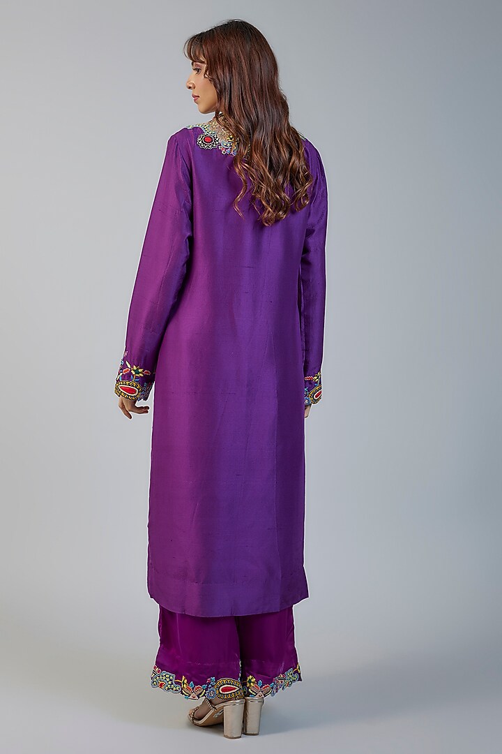 Purple Dupion Golden Thread Embroidered Straight Kurta Set by Minaxi Dadoo at Pernia's Pop Up Shop
