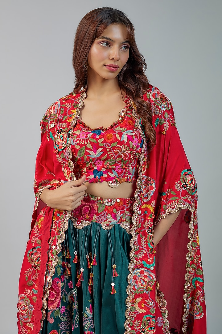 Peacock Blue Chanderi Thread Embroidered Jacket Bridal Lehenga Set by Minaxi Dadoo at Pernia's Pop Up Shop