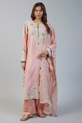 Pink Silk Silver Thread Embroidered Straight Kurta Set by Minaxi Dadoo