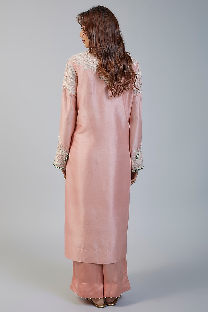Pink Silk Silver Thread Embroidered Straight Kurta Set by Minaxi Dadoo at Pernia's Pop Up Shop