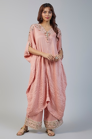 Pink Silk Dori Embroidered Kaftan Set by Minaxi Dadoo