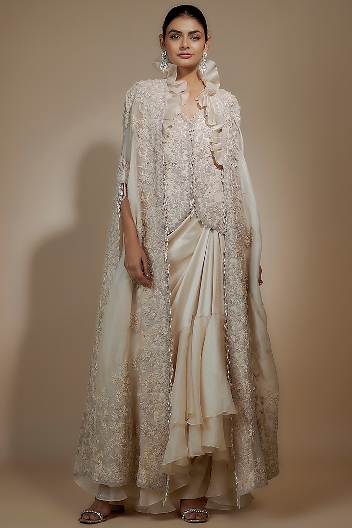 Ivory Organza Thread & Pearl Work Cape Set by Minaxi Dadoo