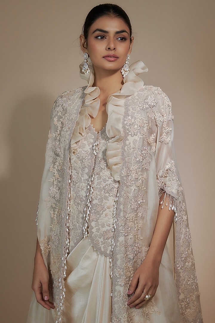 Ivory Organza Thread & Pearl Work Cape Set by Minaxi Dadoo at Pernia's Pop Up Shop