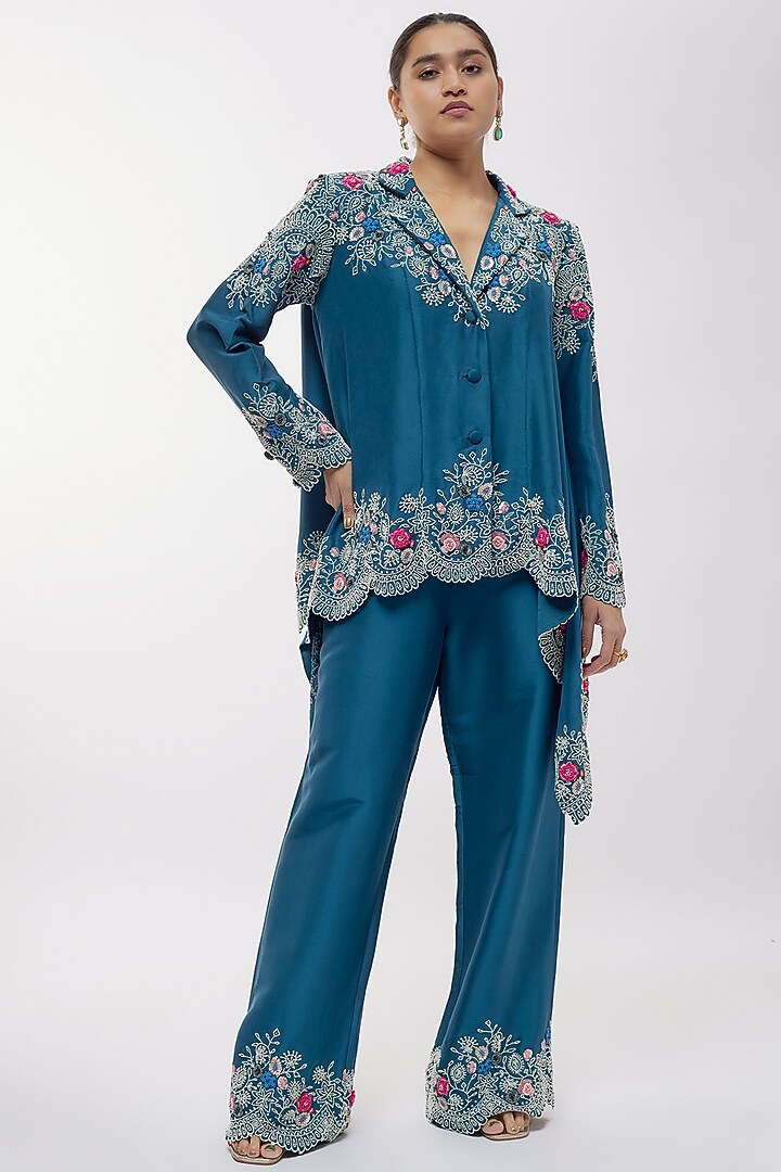 Blue Silk Printed & Pearl Work Jacket Set by Minaxi Dadoo at Pernia's Pop Up Shop
