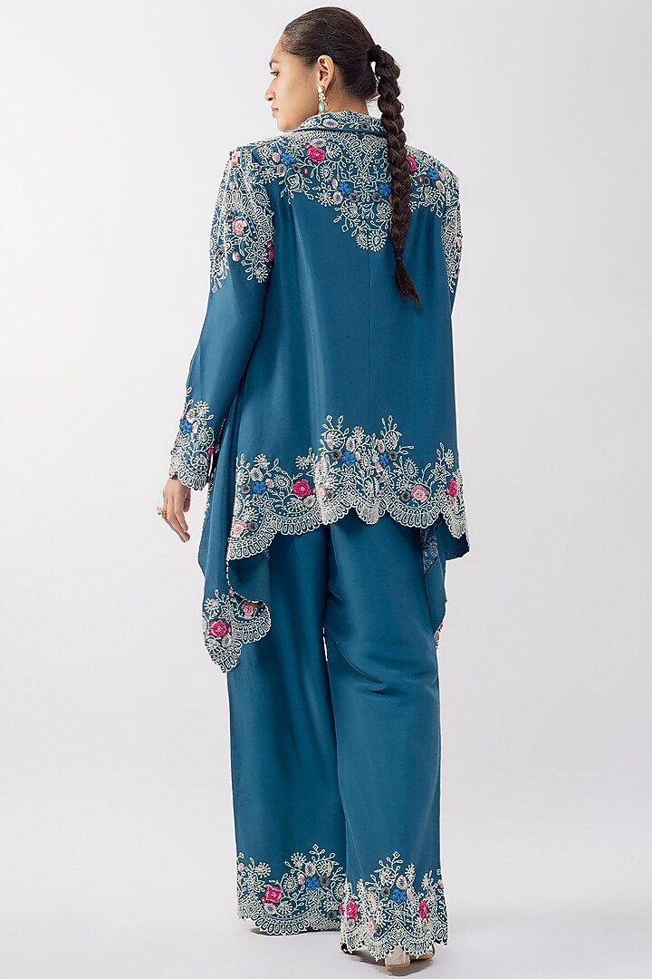 Blue Silk Printed & Pearl Work Jacket Set by Minaxi Dadoo at Pernia's Pop Up Shop