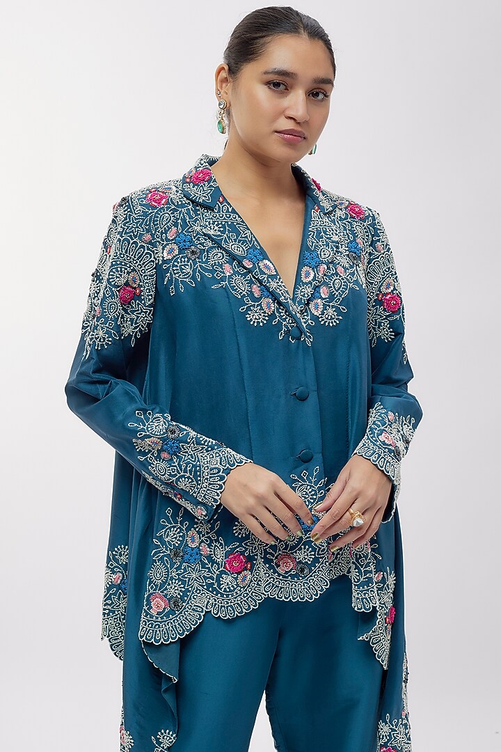 Blue Silk Printed & Pearl Work Jacket Set by Minaxi Dadoo at Pernia's Pop Up Shop